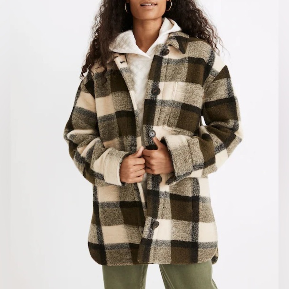 Madewell sz S Belrose Shirt-Jacket in Maran Plaid Wool Blend Shacket Coat Green
